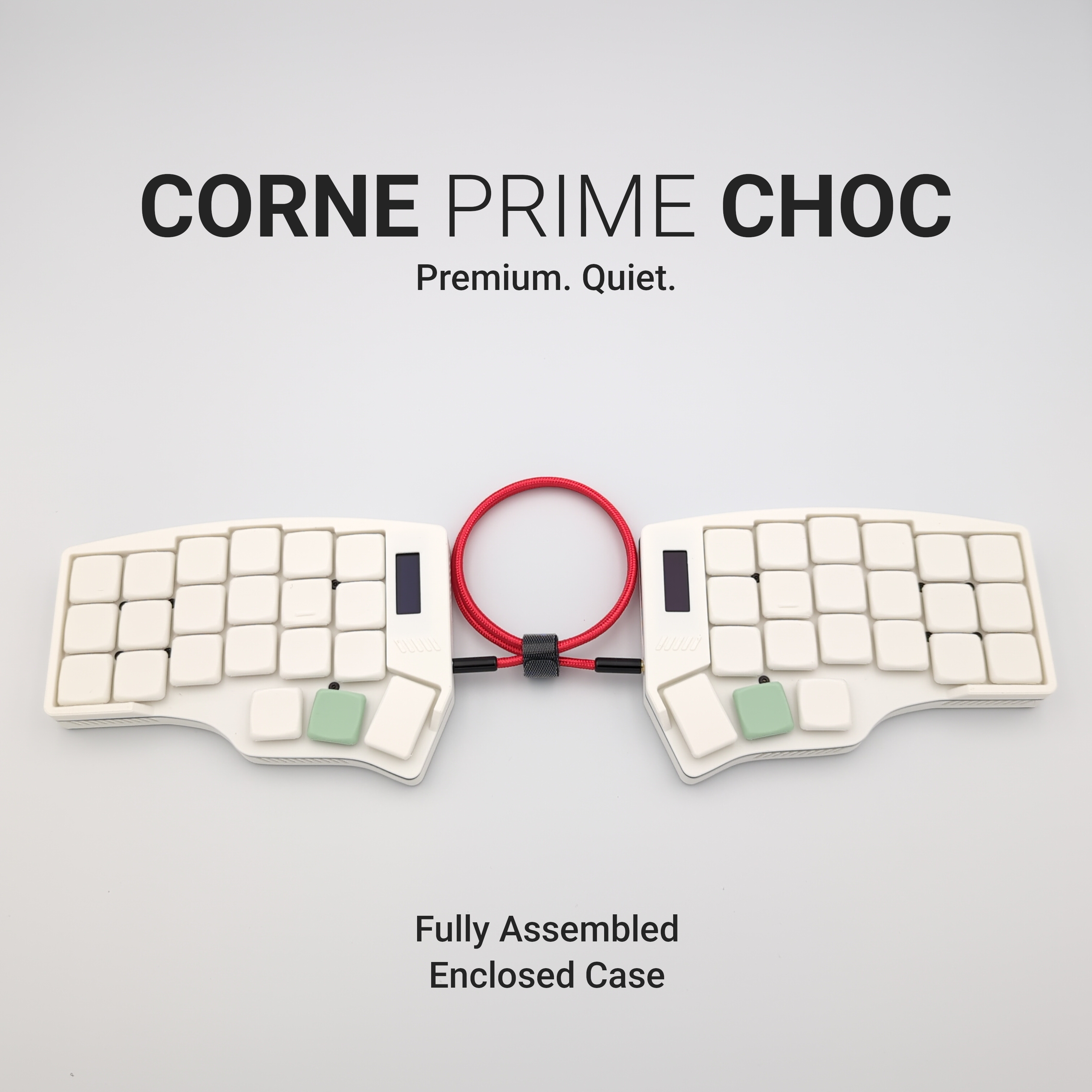 White Corne keyboard models with a red cable on a gray background, featuring the brand 'Corne'.