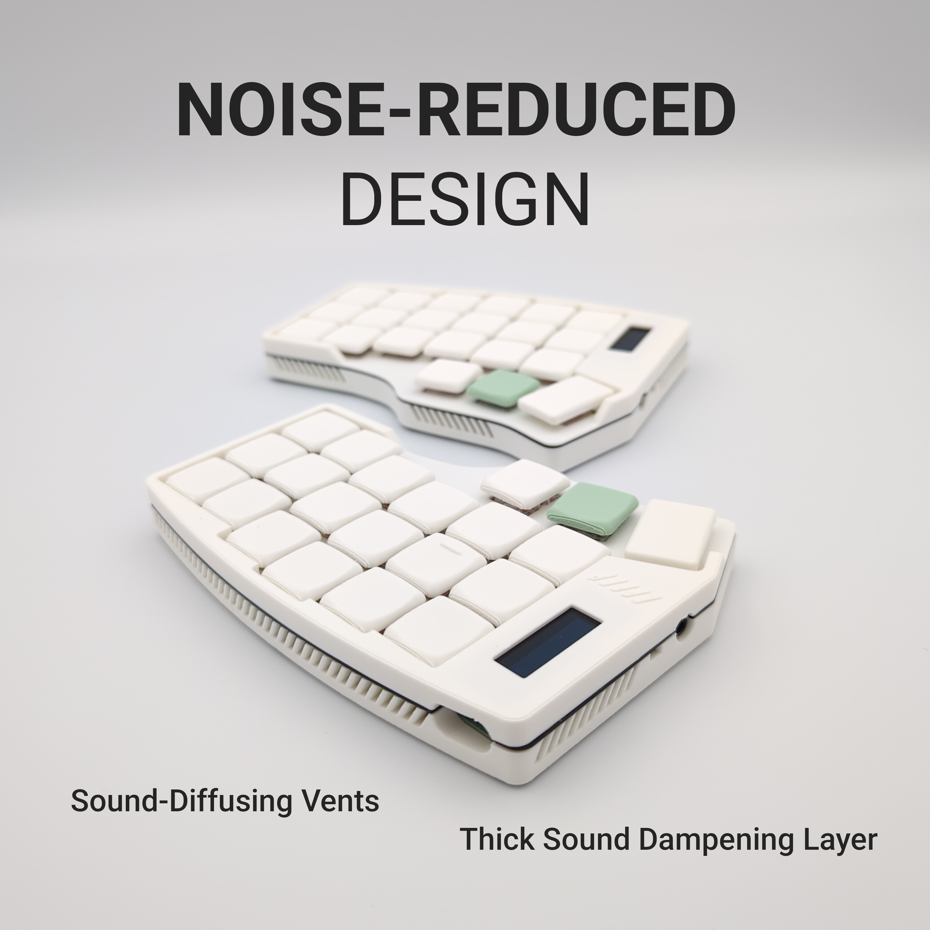 White Corne keyboard with sound-diffusing vents and thick sound dampening layer on a gray background