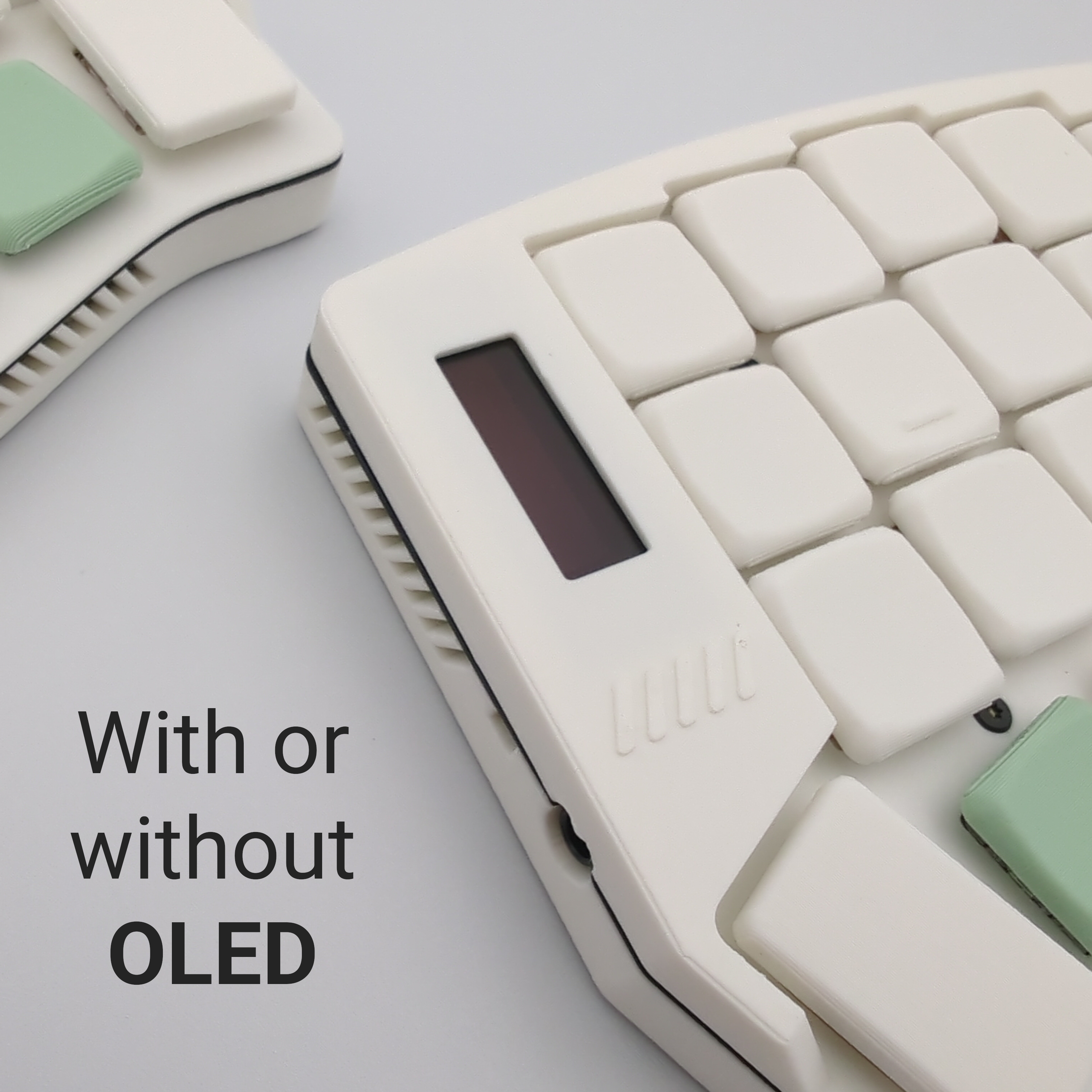 Corne keyboard with OLED display on a light gray background