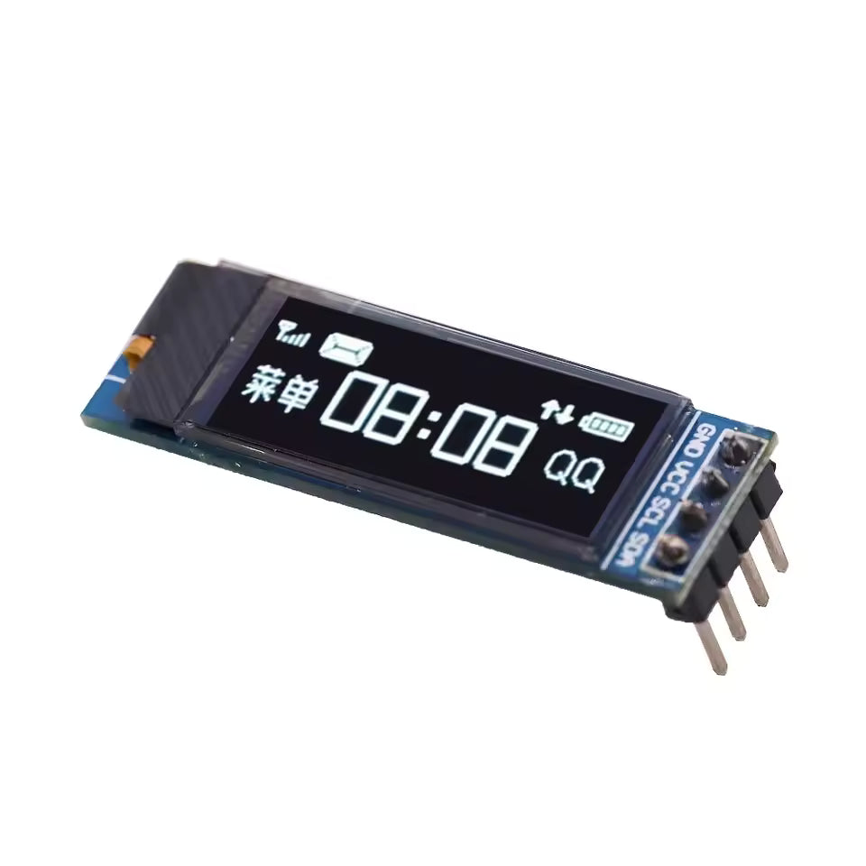 OLED display module with white text on a black background