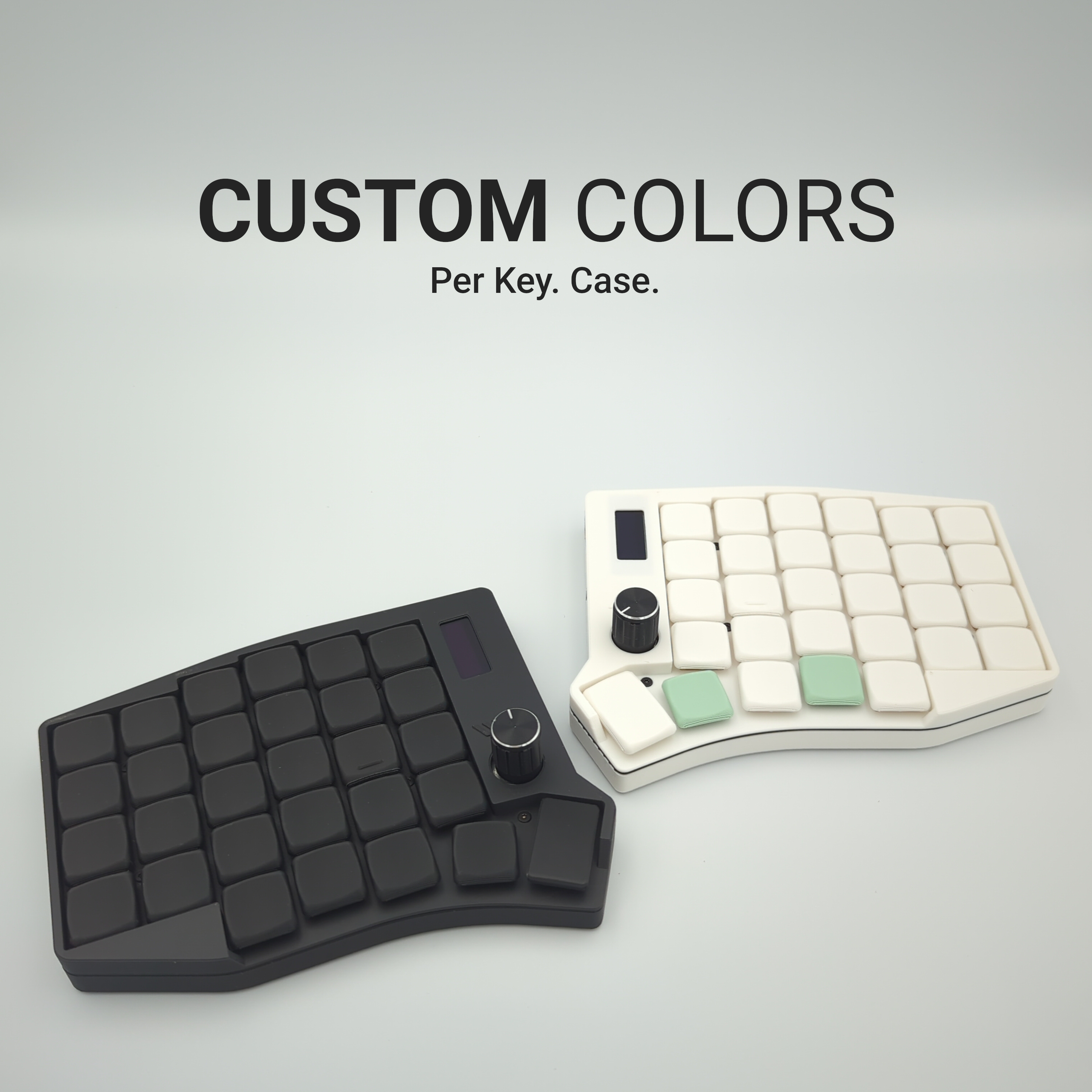 Black and white custom Sofle keyboard cases on a gray background with text 'CUSTOM COLORS Per Key. Case.'