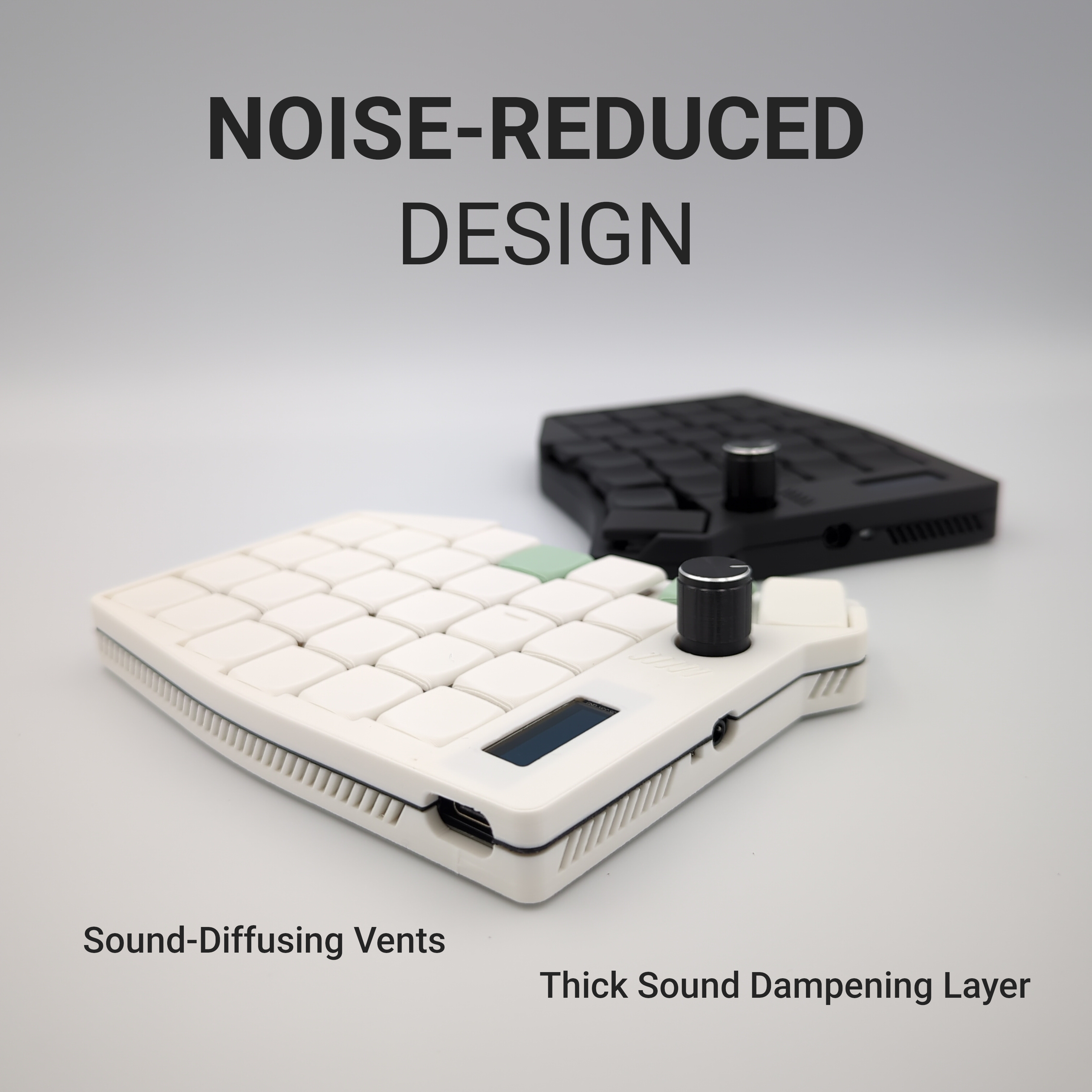 Sofle choc with sound-diffusing vents and thick sound dampening layer on a gray background