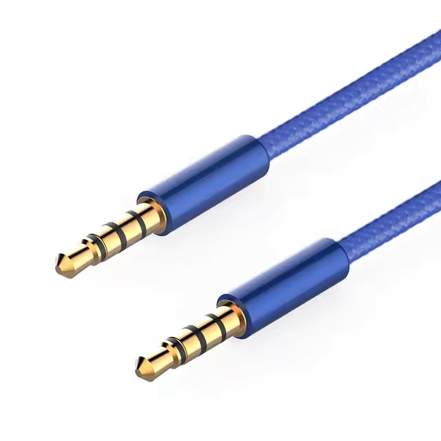 Blue TRRS cable with gold connectors on a white background