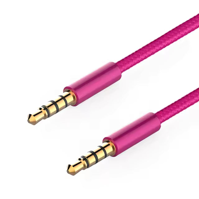 Pink TRRS cable with gold connectors on a white background