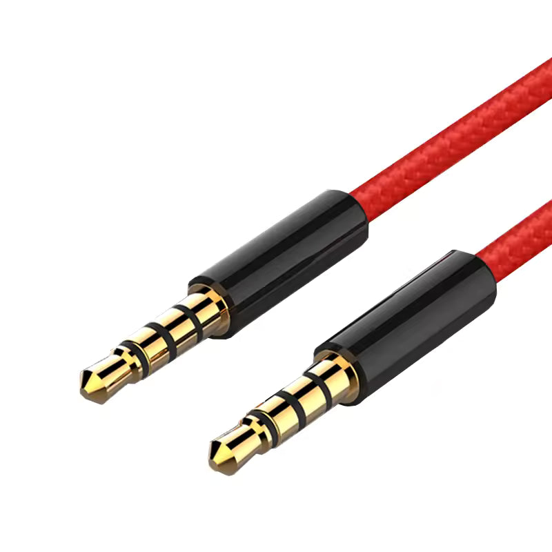 Red TRRS cable with black and gold connectors on a white background
